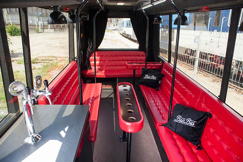 custom made interior with lights, music and draft beer